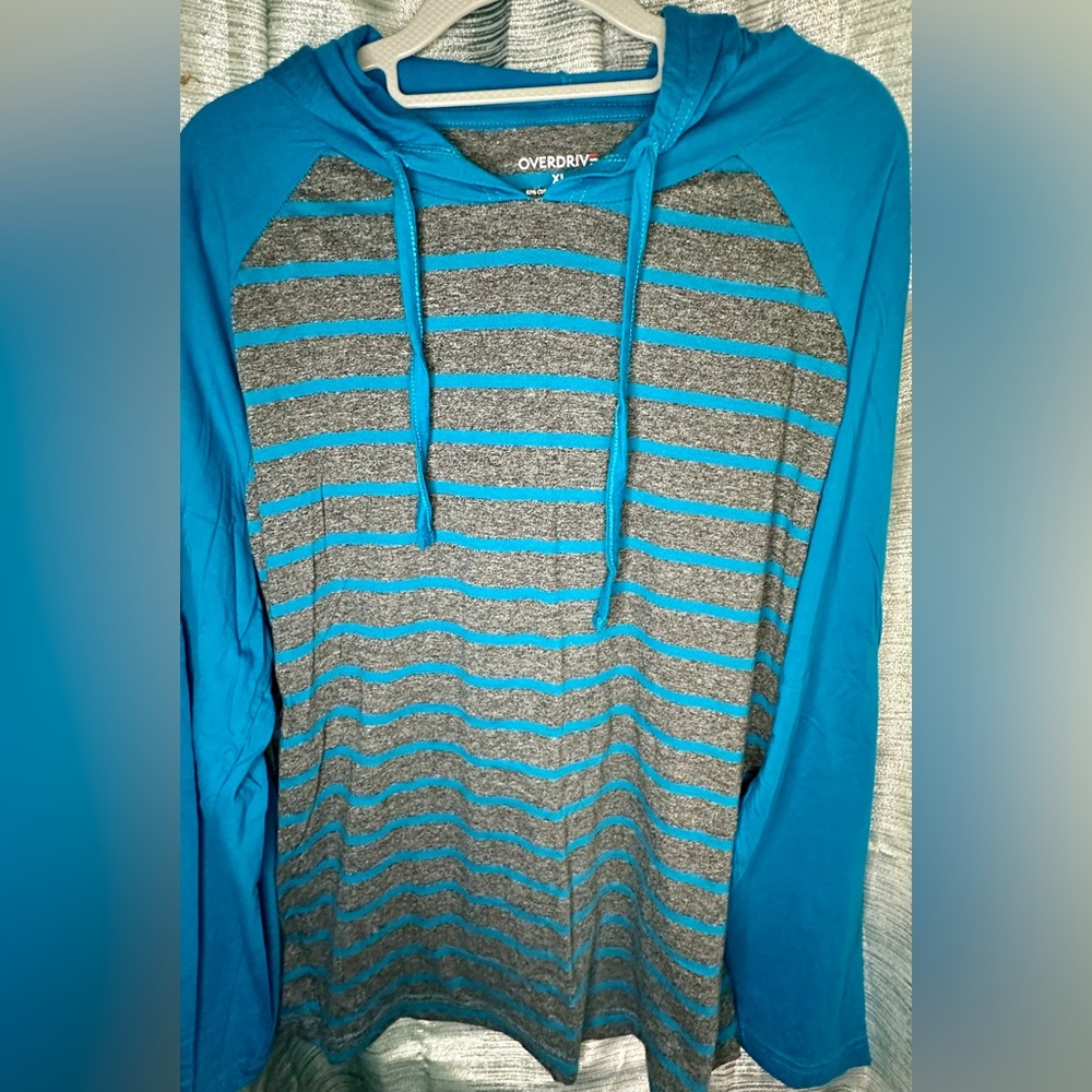 OverDrive Lightweight Summer Hoodie Blue, Gray Striped Men’s X-Large